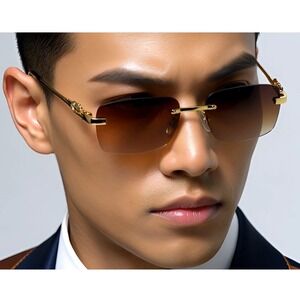 Men Rimless Brown Lens Gold Sunglasses Metal Leopard Sophisticated Hip Hop Style